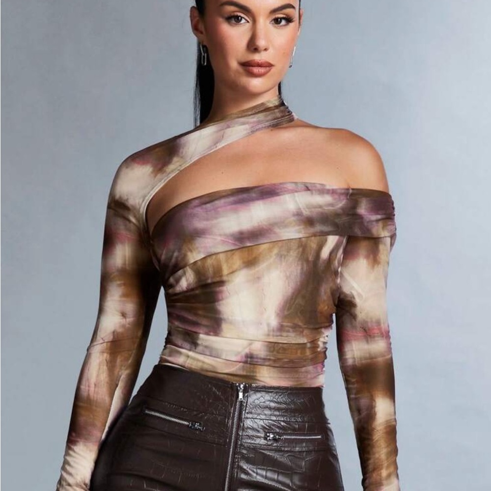 SHEIN Cream and Brown Asymmetrical Bodysuit